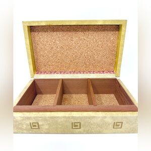 Mid-Century Embossed Leather Hinged Vintage Box DeLuxeCraft taupe purple & brass